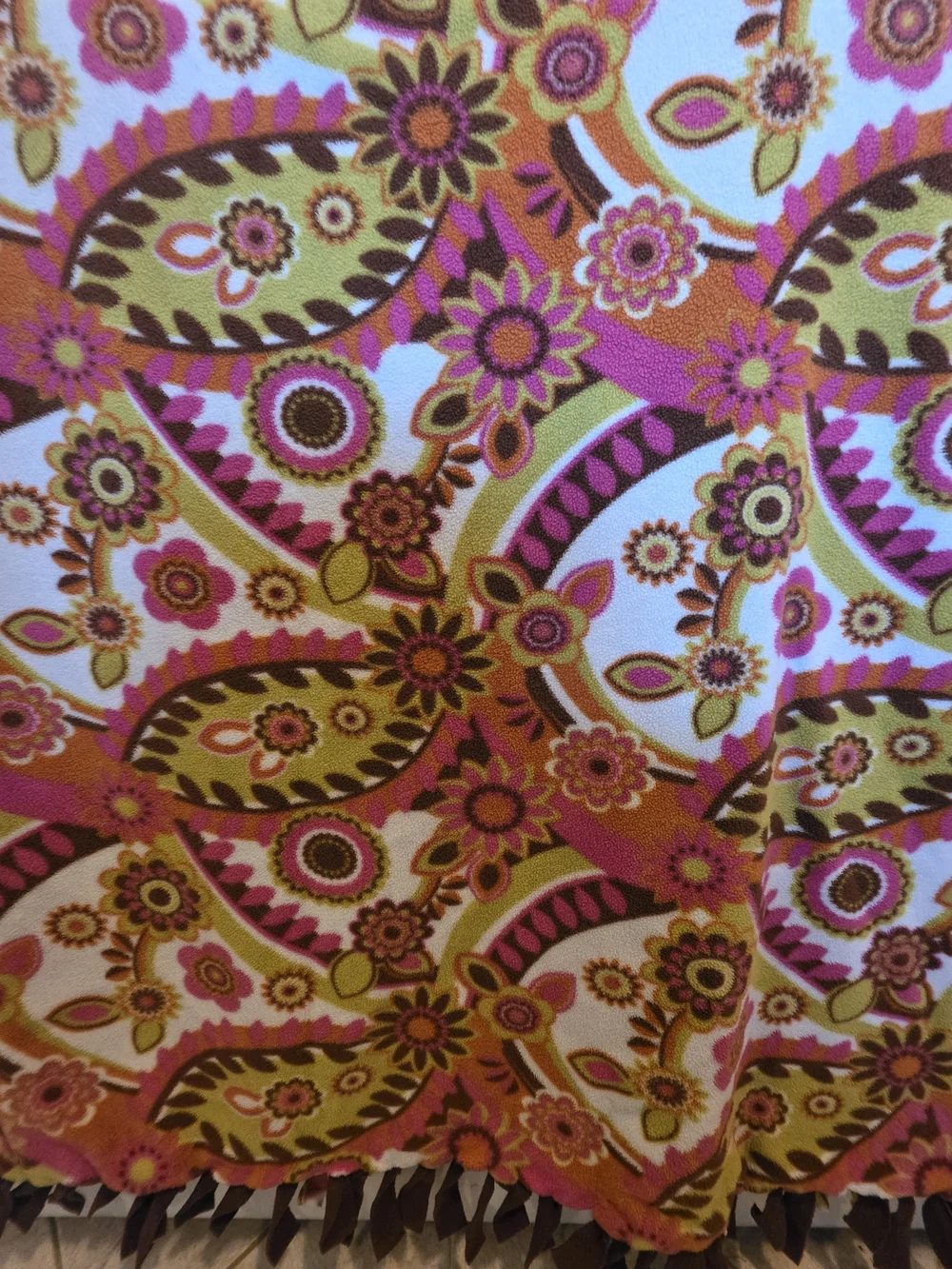 Floral Paisley Fleece Tie Blanket Pink Orange Green Brown Approx 56 x 63